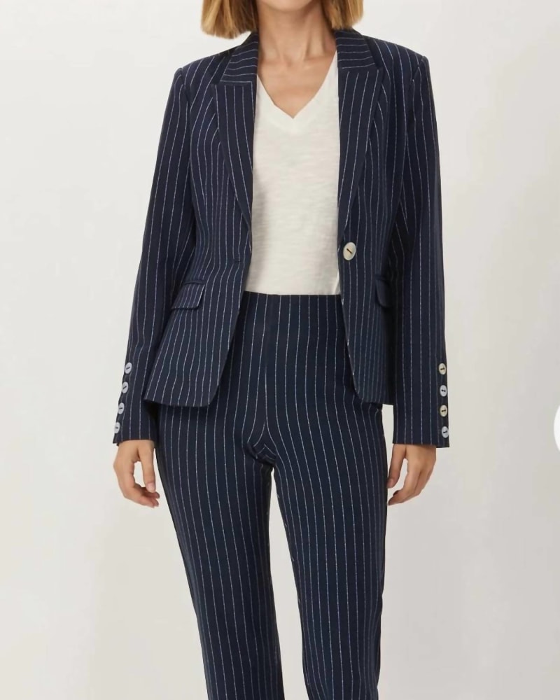 Front of a model wearing a size XL Prince Stripe Pants In Navy Stripe in Navy Stripe by Ecru. | dia_product_style_image_id:358072